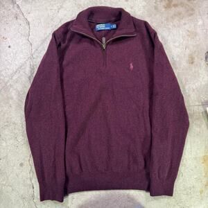 VTG Polo Ralph Lauren 100% wool 1/4 Zip Sweater Men's M Burgundy Maroon Pony EUC
